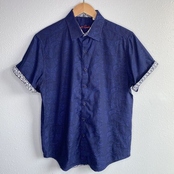 Robert Grahman Mens Large Navy Paisley Button Up Shirt Flip Cuff Short Sleeve - Picture 1 of 10